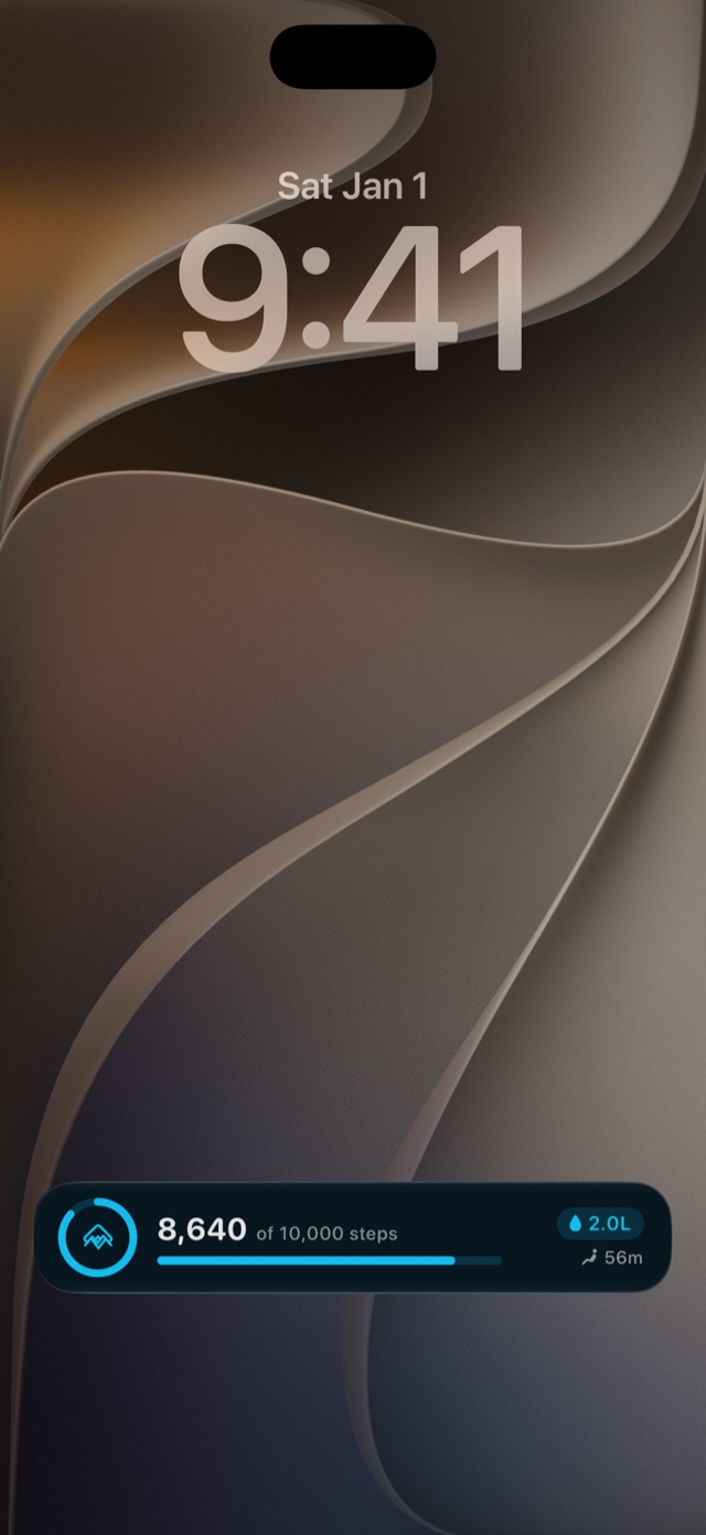 Lock screen Live Activity showing step progress and water