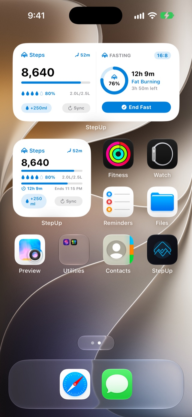 Home screen widgets showing steps, water and fasting